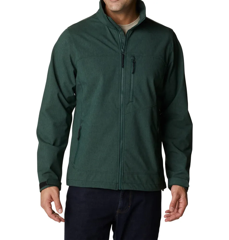 Men’s Stand-Collar Softshell Jacket — Army Green — Army Green, worn front view