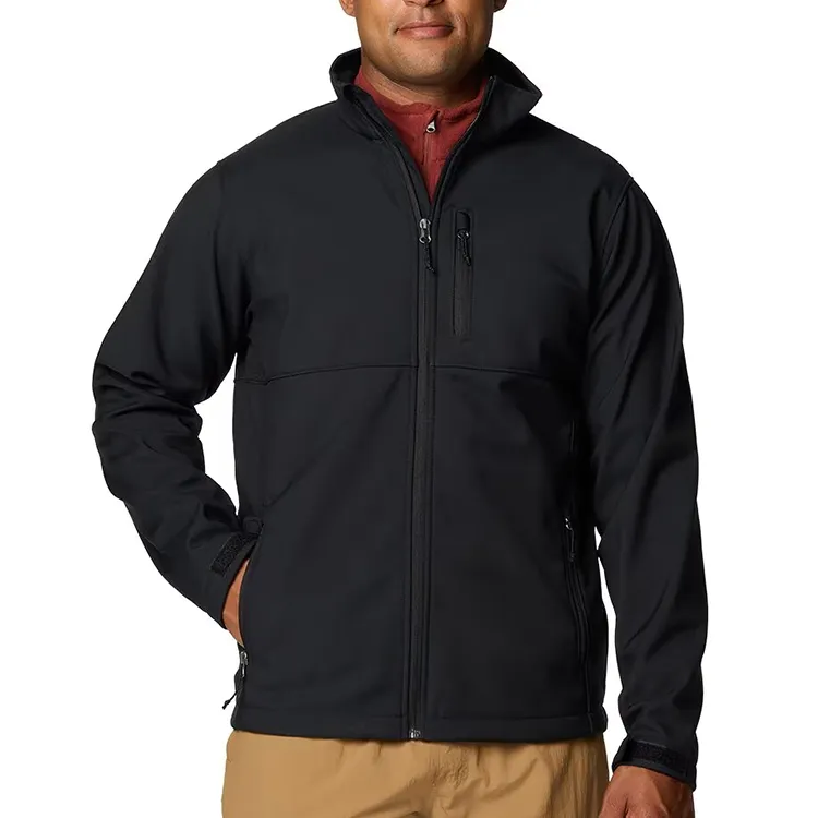 Men’s Stand-Collar Softshell Jacket — Black — Black, worn front view