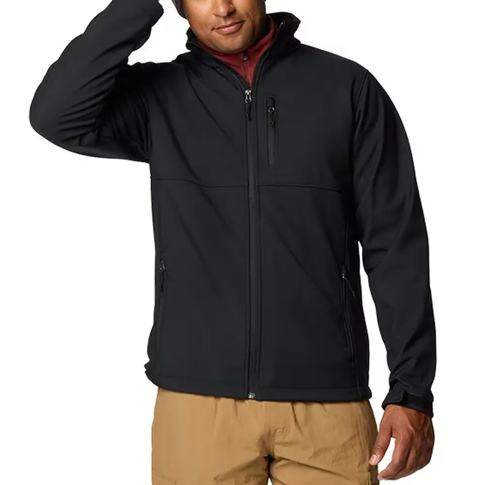 Men’s Stand-Collar Softshell Jacket — Black — Black, worn front view