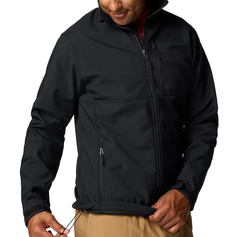 Men’s Stand-Collar Softshell Jacket — Black — Black, worn front angle view