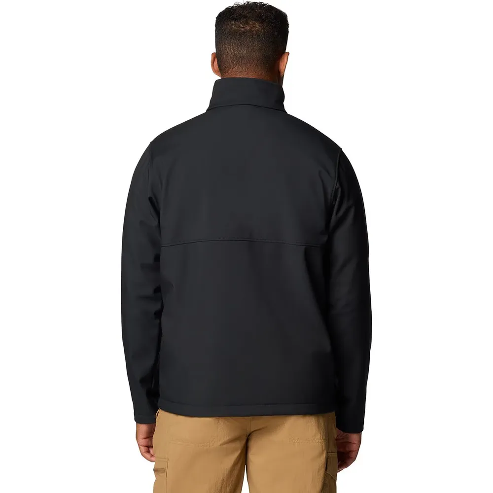 Men’s Stand-Collar Softshell Jacket — Black — Black, back view