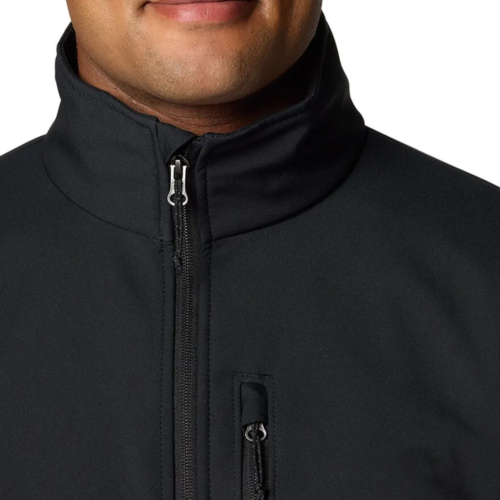 Men’s Stand-Collar Softshell Jacket — Black — Black, collar and chest pocket detail