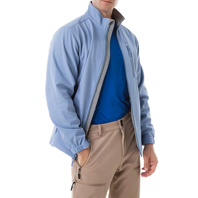 Men’s Stand-Collar Softshell Jacket — Light Blue — Light Blue, open model front view