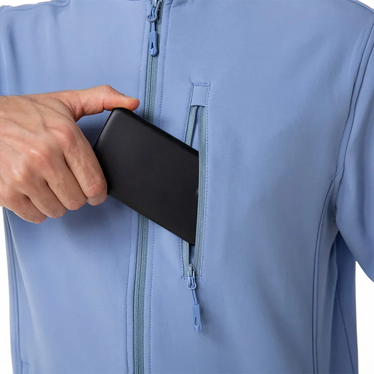 Men’s Stand-Collar Softshell Jacket — Light Blue — Light Blue, chest pocket close-up