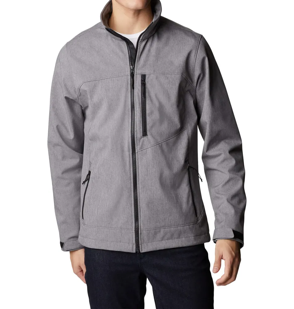 Men’s Stand-Collar Softshell Jacket — Navy & Grey — Grey, front view