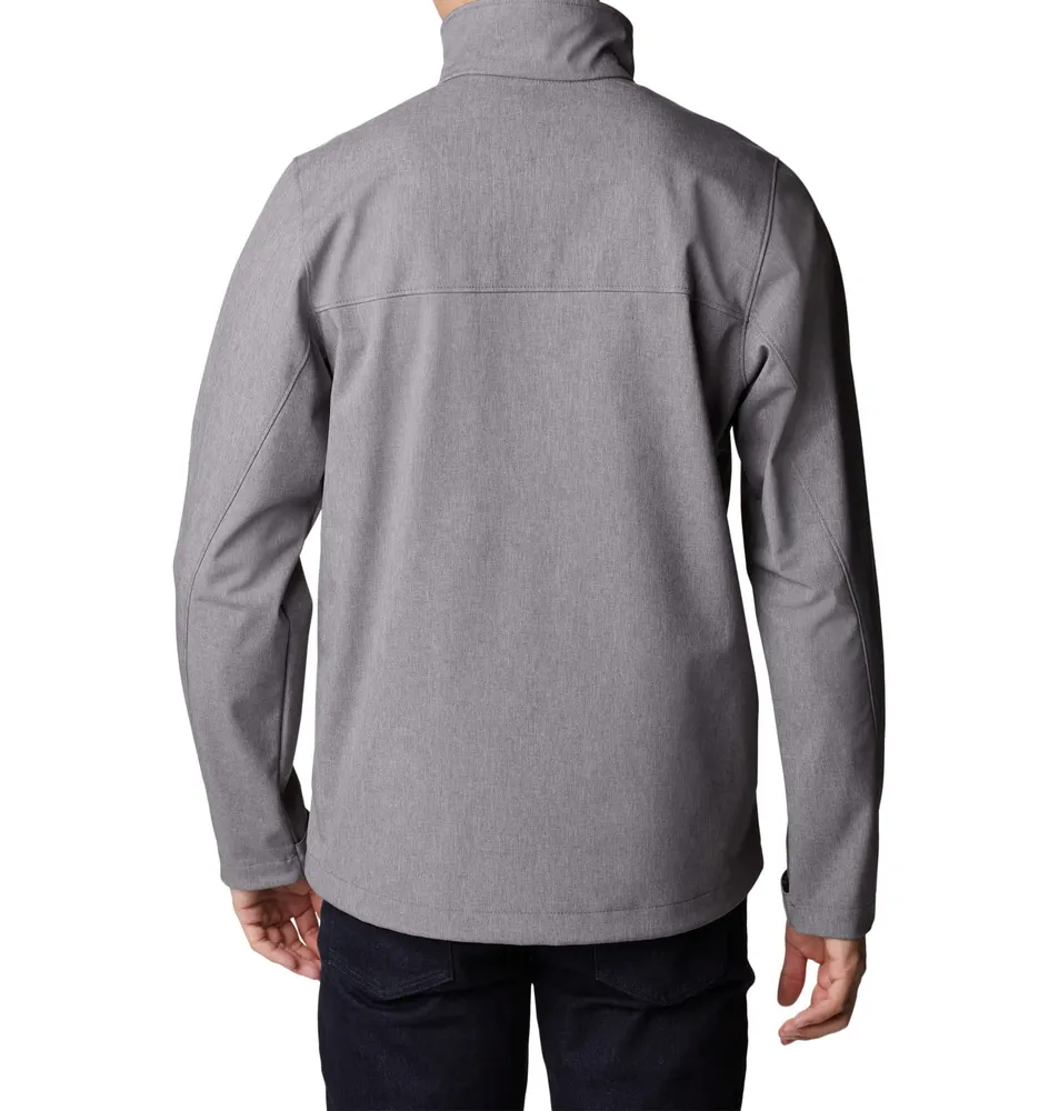 Men’s Stand-Collar Softshell Jacket — Navy & Grey — Grey, back view