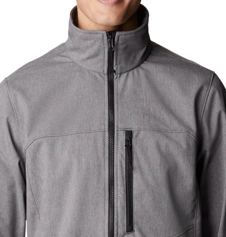 Men’s Stand-Collar Softshell Jacket — Navy & Grey — Grey, collar and chest pocket detail