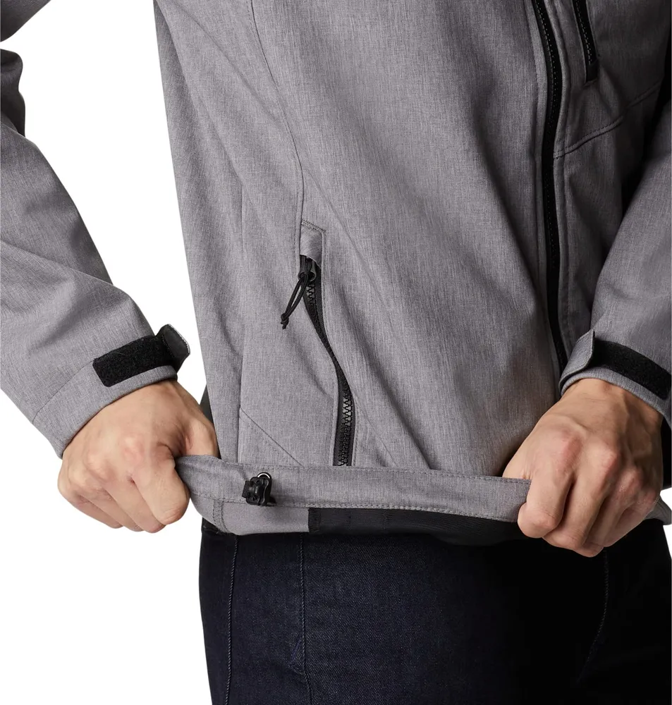 Men’s Stand-Collar Softshell Jacket — Navy & Grey — Grey, hem adjustment detail