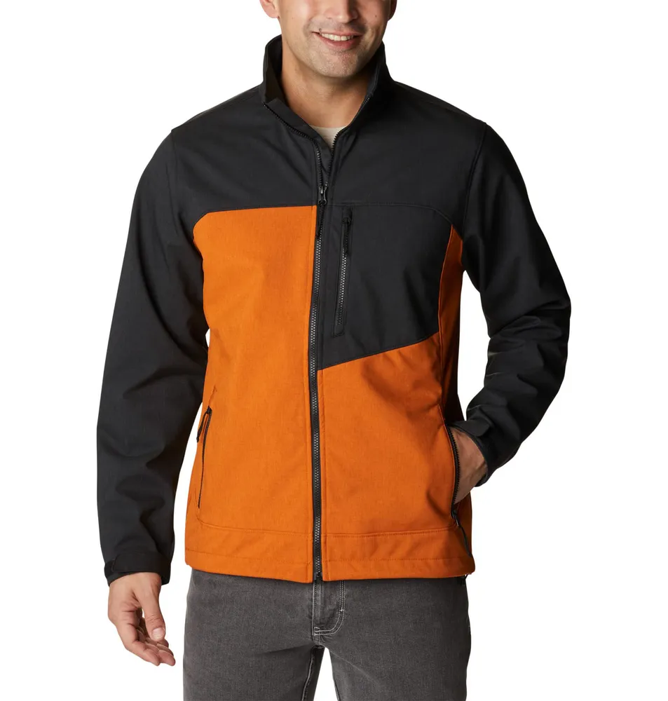 Men’s Stand-Collar Softshell Jacket — Orange & Black — Orange & Black, worn front view