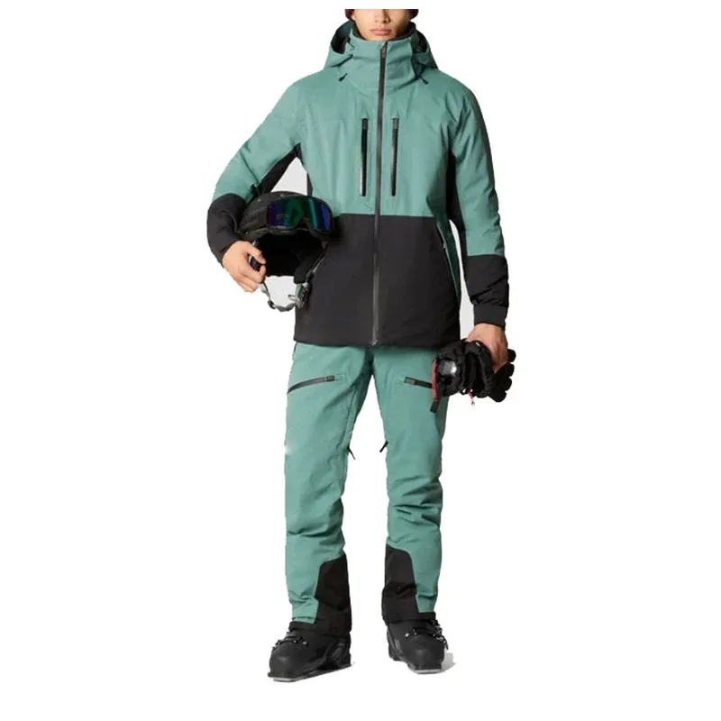 Men's Two-Piece Ski Suit — Green & Black — Green & Black, full set, worn view