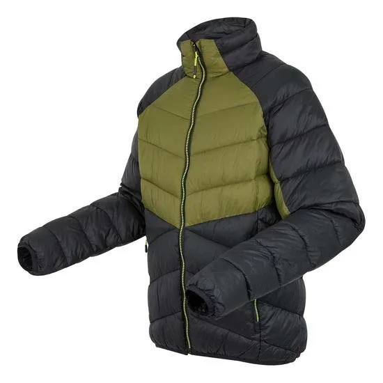 Men’s Two-Tone Puffer Jacket — Black & Olive / Dark Teal & Navy — Black & Olive, three-quarter front view