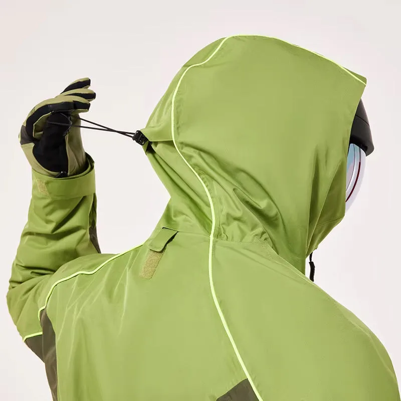 Men's Two-Tone Ski Jacket — Green — Green, hood drawcord detail