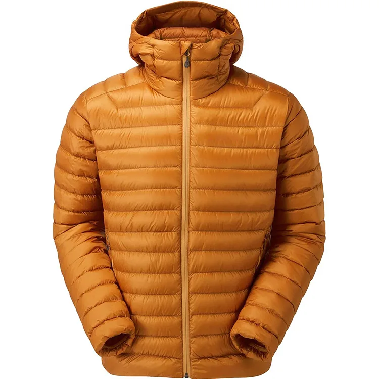 Men’s Ultralight Hooded Puffer Jacket — Orange & Lime Green — Orange, front view