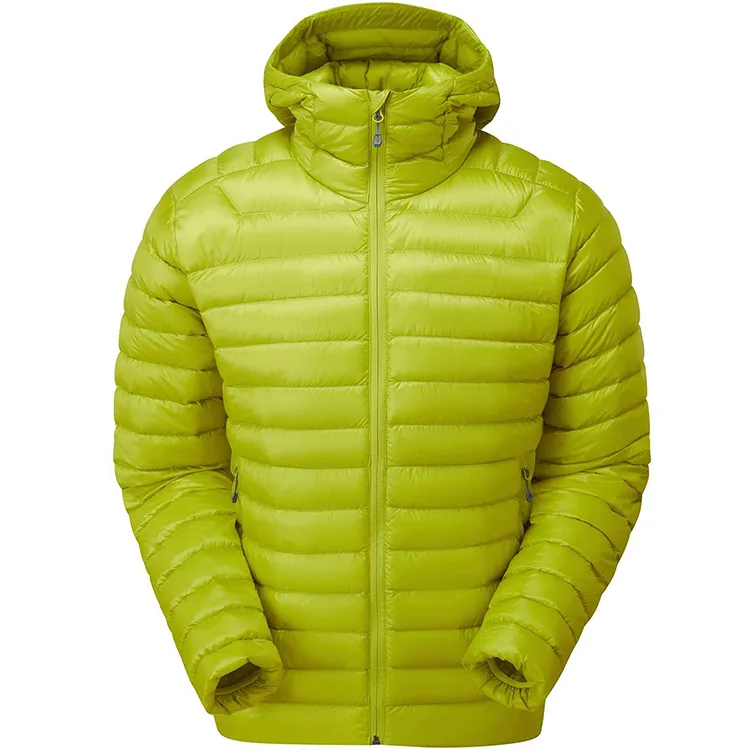 Men’s Ultralight Hooded Puffer Jacket — Orange & Lime Green — Lime Green, front view, hood up