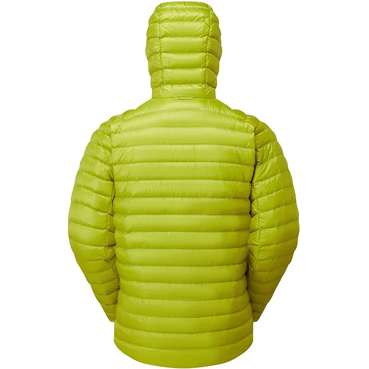 Men’s Ultralight Hooded Puffer Jacket — Orange & Lime Green — Lime Green, back view, hood up