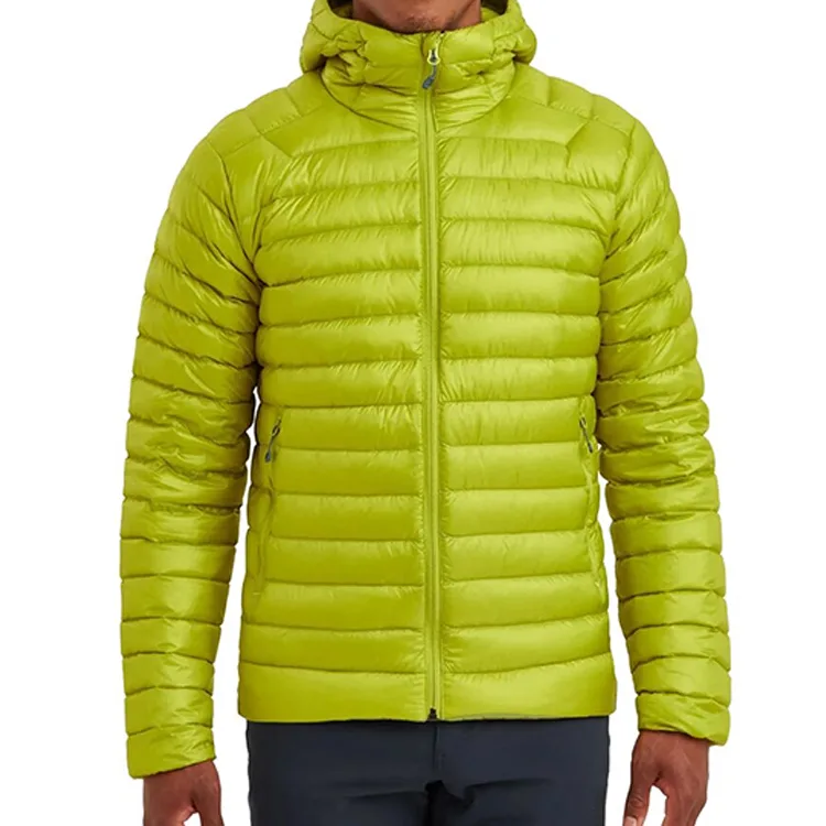 Men’s Ultralight Hooded Puffer Jacket — Orange & Lime Green — Lime Green, front view, worn
