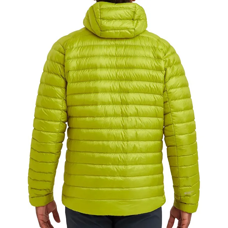 Men’s Ultralight Hooded Puffer Jacket — Orange & Lime Green — Lime Green, back view, worn