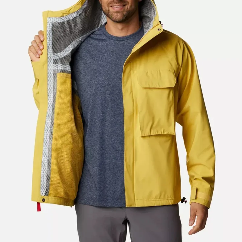Men's Utility Hardshell Jacket — 2 Colourways — Yellow, open view, showing the mesh lining