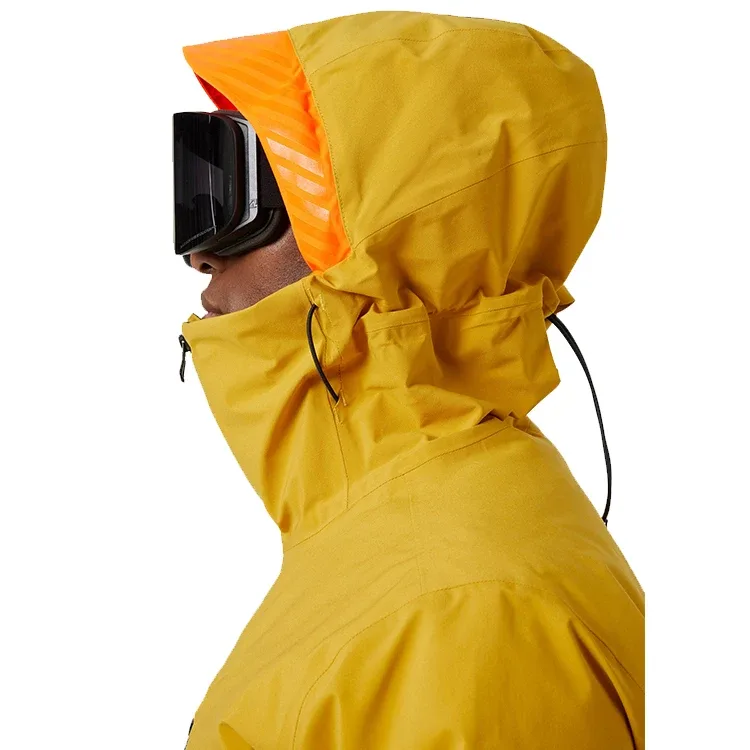Men's Insulated Snowboard Jacket — 4 Colourways — Mustard, hood side view with goggles