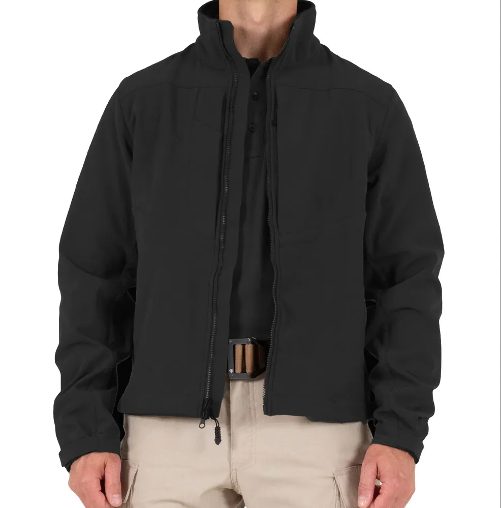 Men’s Stand-Collar Softshell Jacket — Black — Black, front angle view