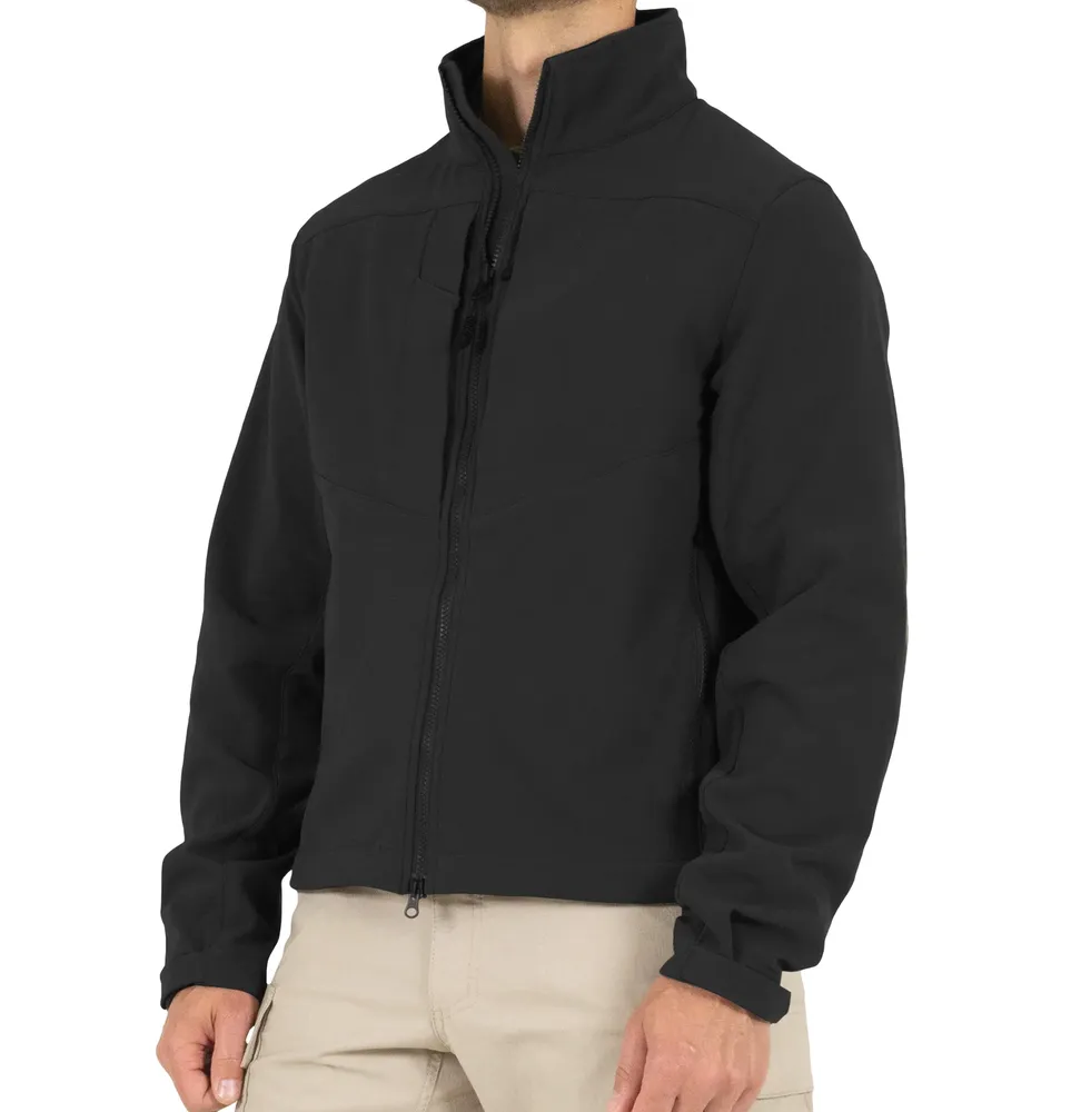 Men’s Stand-Collar Softshell Jacket — Black — Black, front three-quarter view
