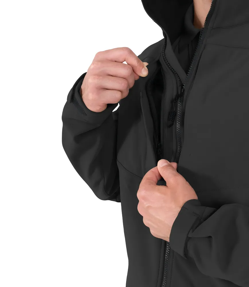 Men’s Stand-Collar Softshell Jacket — Black — Black, zip detail