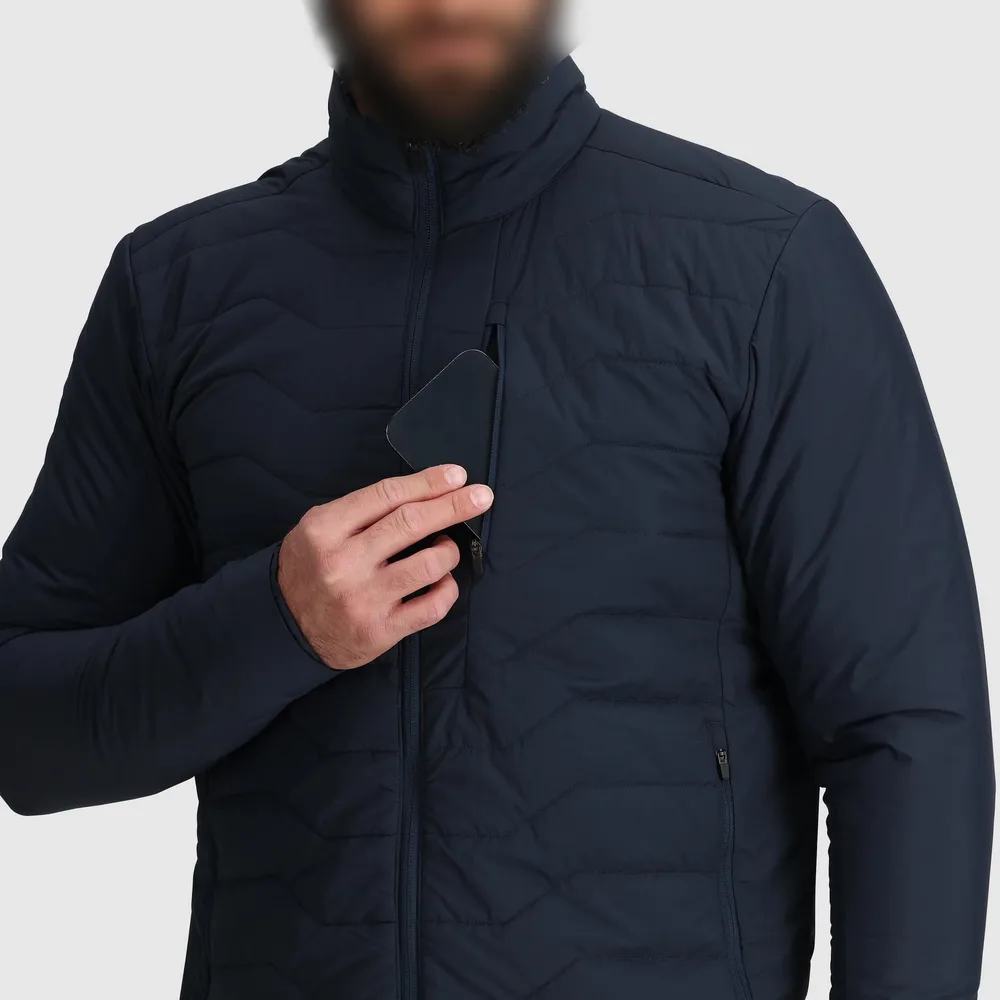 Men’s Wave-Quilted Jacket — Navy, Army Green & Black — Navy, chest pocket view, worn