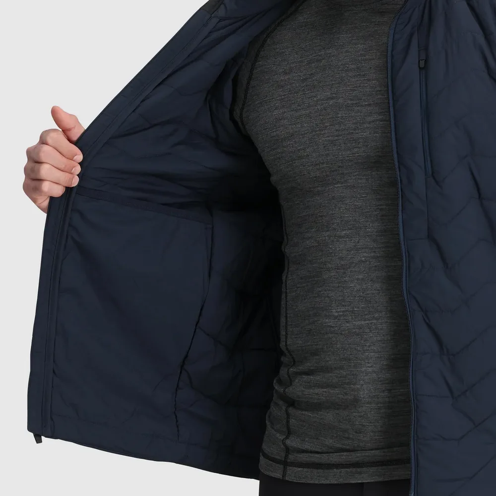 Men’s Wave-Quilted Jacket — Navy, Army Green & Black — Navy, interior view, worn open