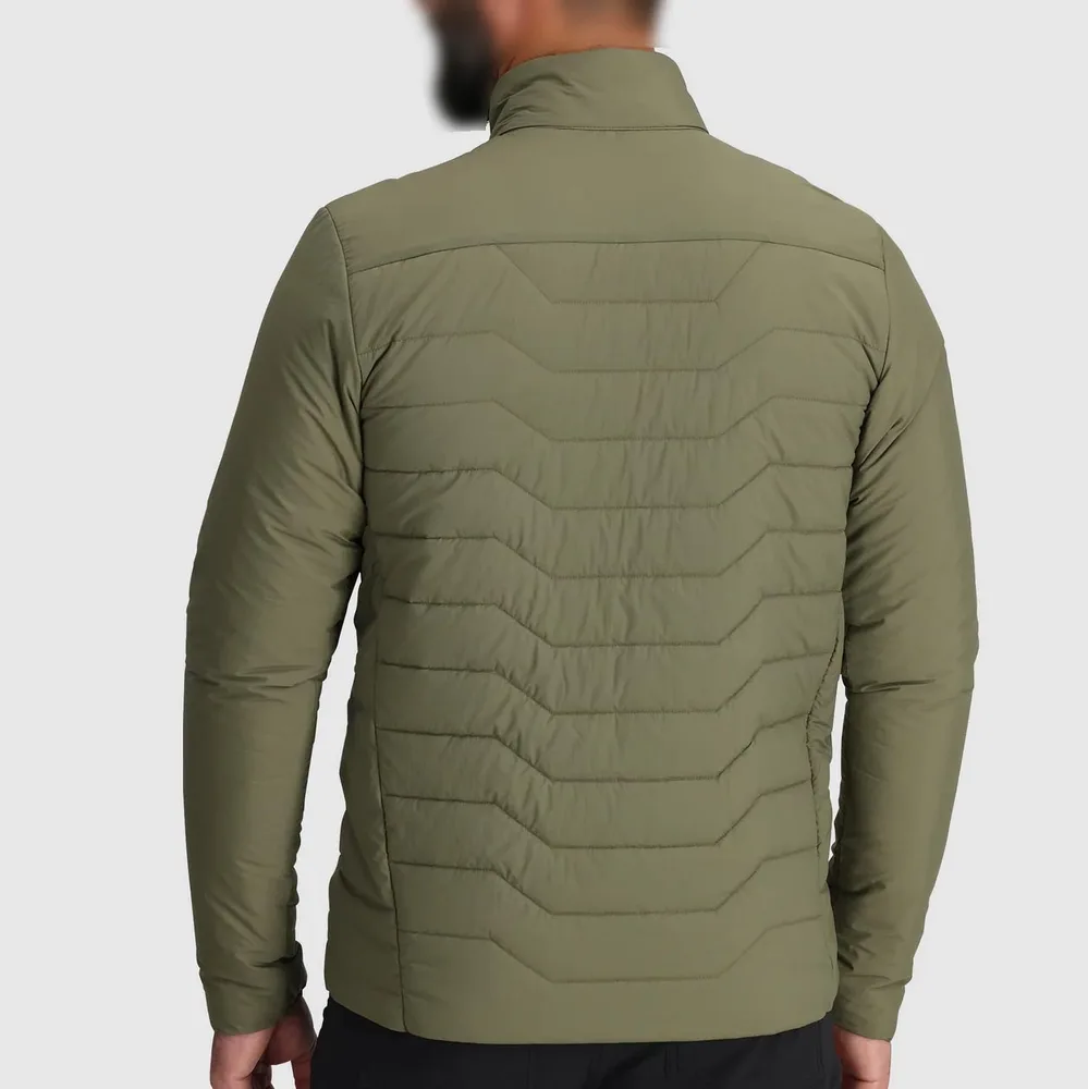 Men’s Wave-Quilted Jacket — Navy, Army Green & Black — Army Green, back view, worn