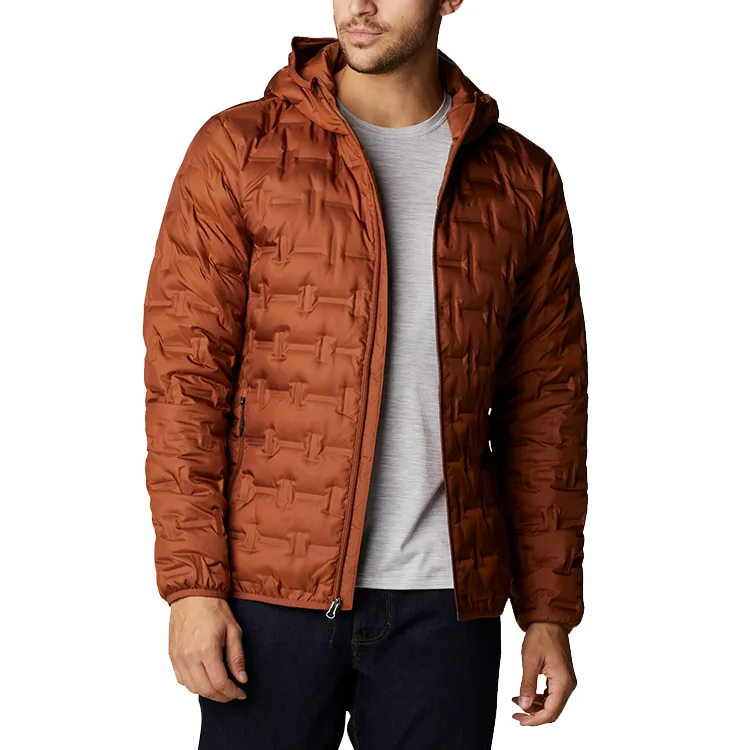 Men’s Welded Puffer Jacket — Rust — Rust, front view, worn