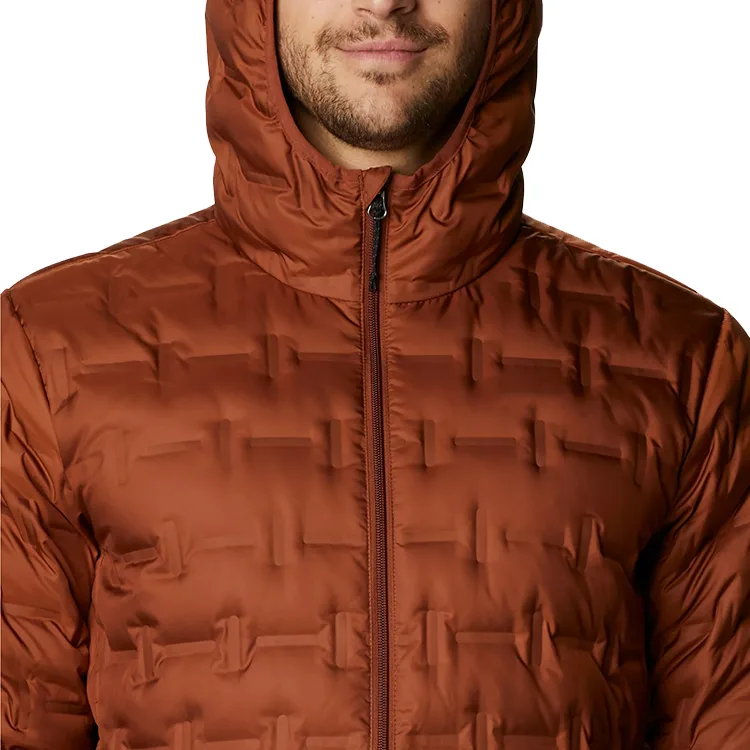 Men’s Welded Puffer Jacket — Rust — Rust, hood and chest detail, worn