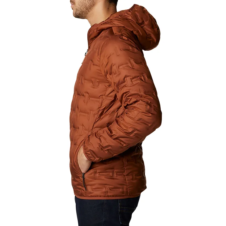 Men’s Welded Puffer Jacket — Rust — Rust, side view with hood, worn