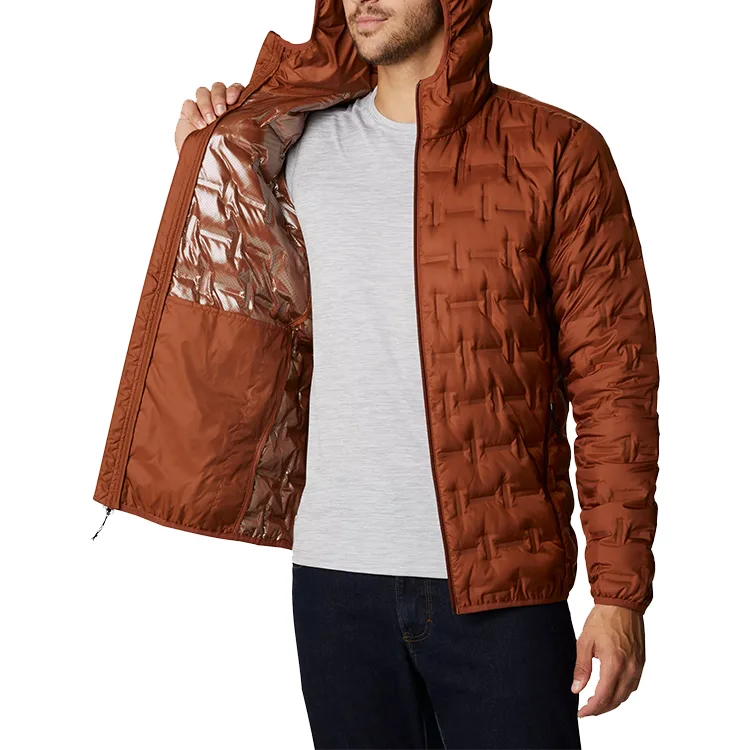 Men’s Welded Puffer Jacket — Rust — Rust, open front showing the silver-tone lining
