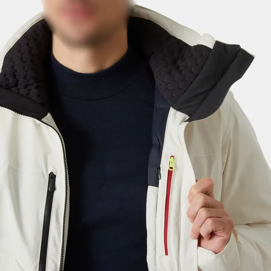 Men's Ski Jacket — White — White, worn open, padded collar