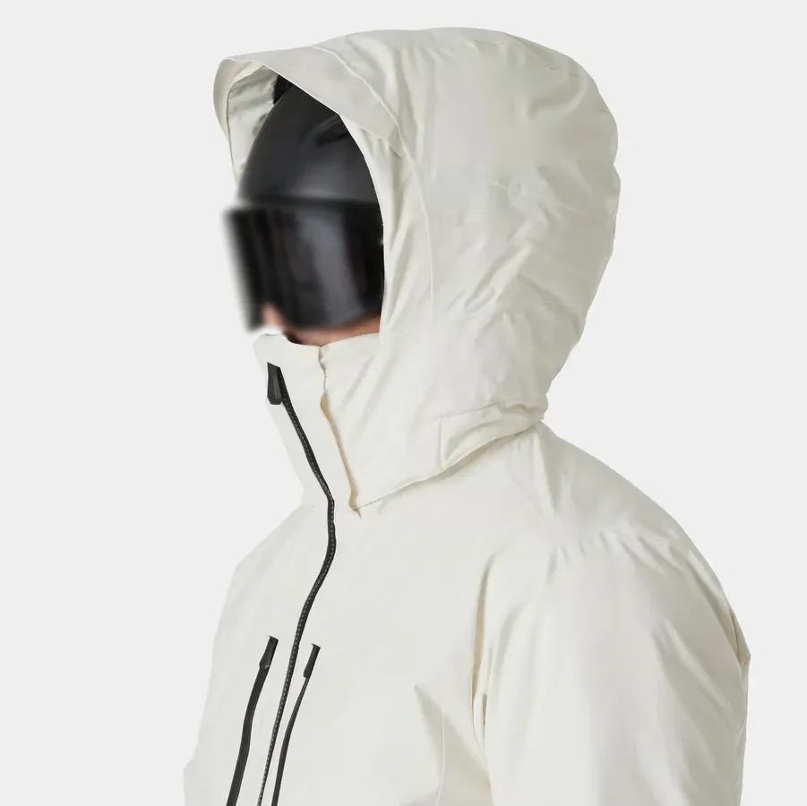 Men's Ski Jacket — White — White, hood over helmet, side view