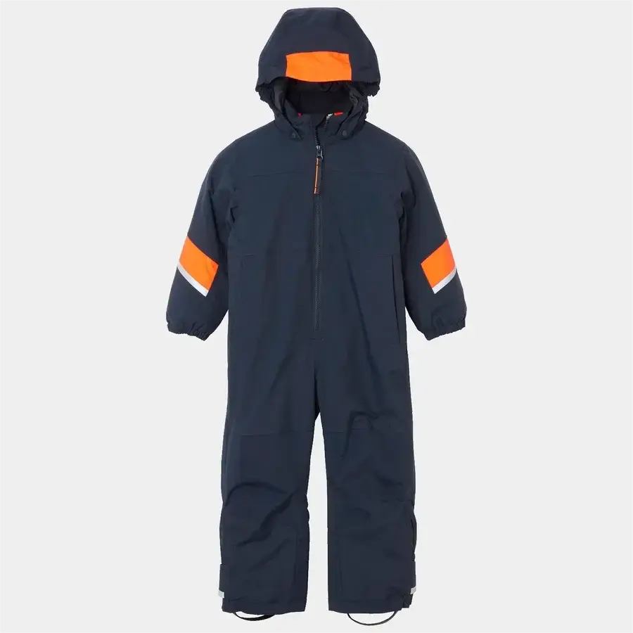 Kids' navy one-piece ski suit with orange sleeve accents and reflective strips, front view