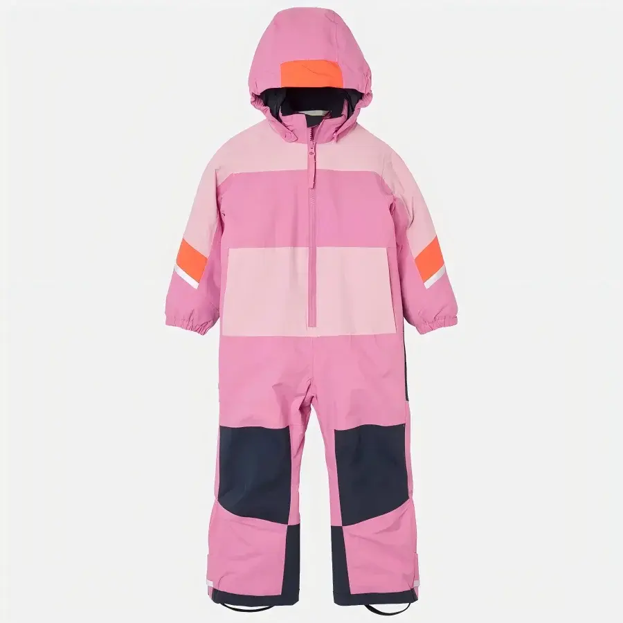 Girls' pink one-piece snowsuit in Meta Pink colour blocks with navy knee panels, front view