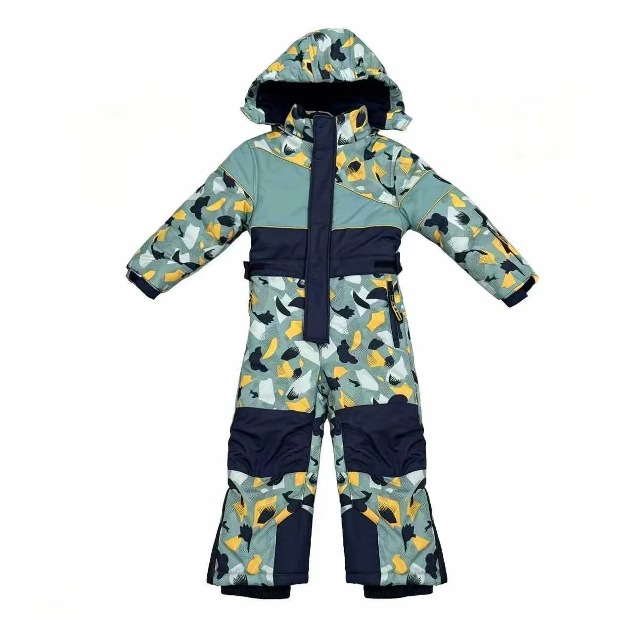 Kids' one-piece ski suit in a green abstract print with navy colour-block panels, front view