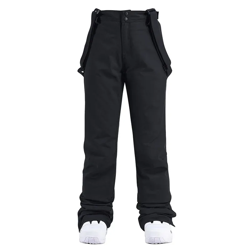 Unisex ski bib pants in Black — adjustable suspenders and a straight leg, flat lay