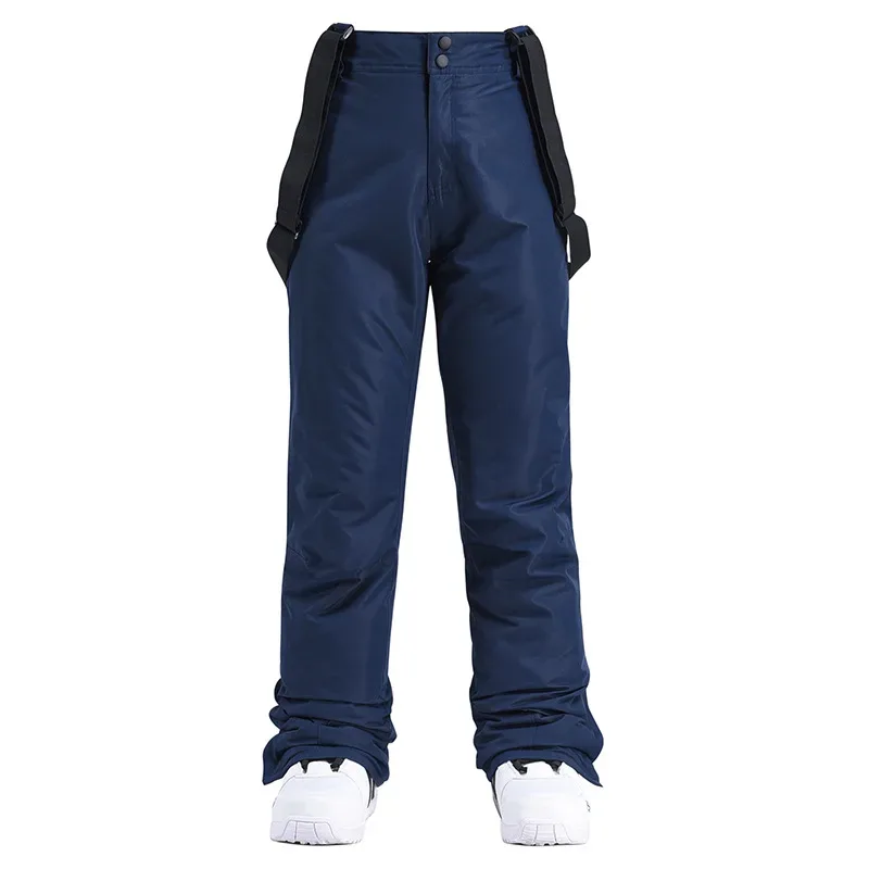 Unisex ski bib pants in Navy — adjustable suspenders and a straight leg, flat lay