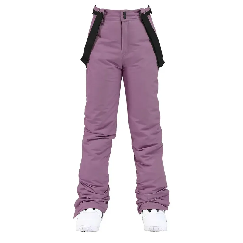 Unisex ski bib pants in Purple — adjustable suspenders and a straight leg, flat lay