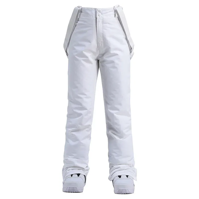 Unisex ski bib pants in White — adjustable suspenders and a straight leg, flat lay
