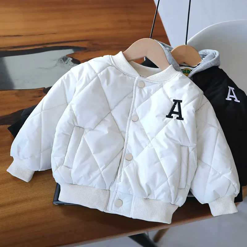 Toddlers' A-Line Quilted Jacket — White, on hanger