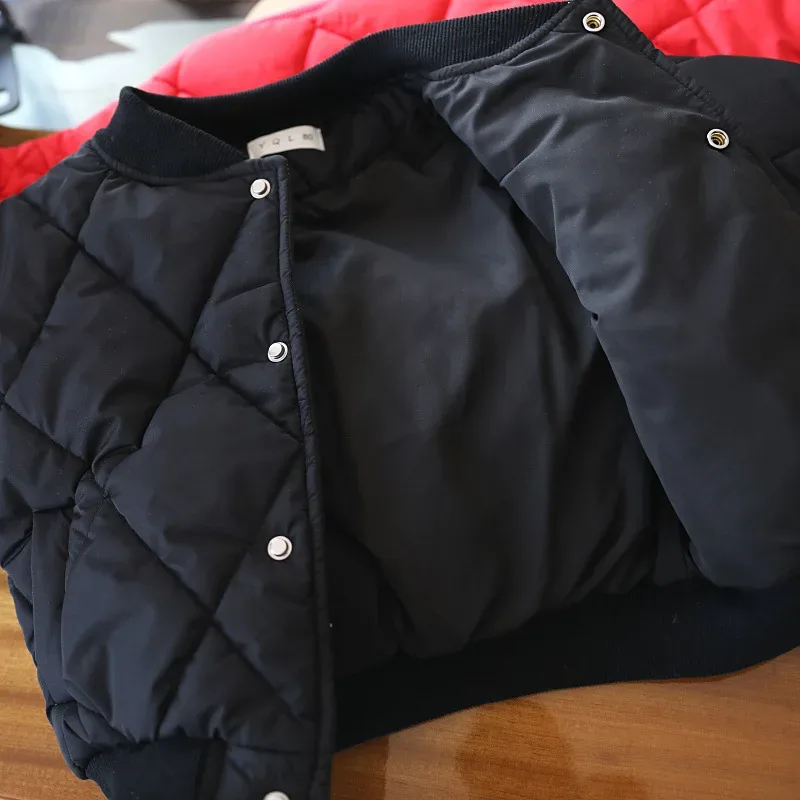 Toddlers' A-Line Quilted Jacket — Black, open, showing the lining