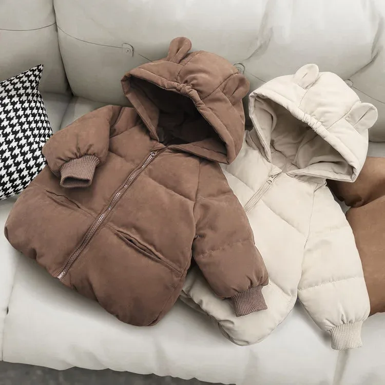 Toddler Bear-Ear Hooded Padded Coat — Both colourways, pair on sofa