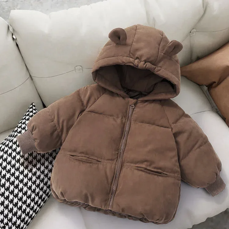 Toddler Bear-Ear Hooded Padded Coat — Dark Brown, front on sofa