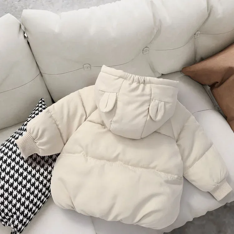 Toddler Bear-Ear Hooded Padded Coat — White, back on sofa