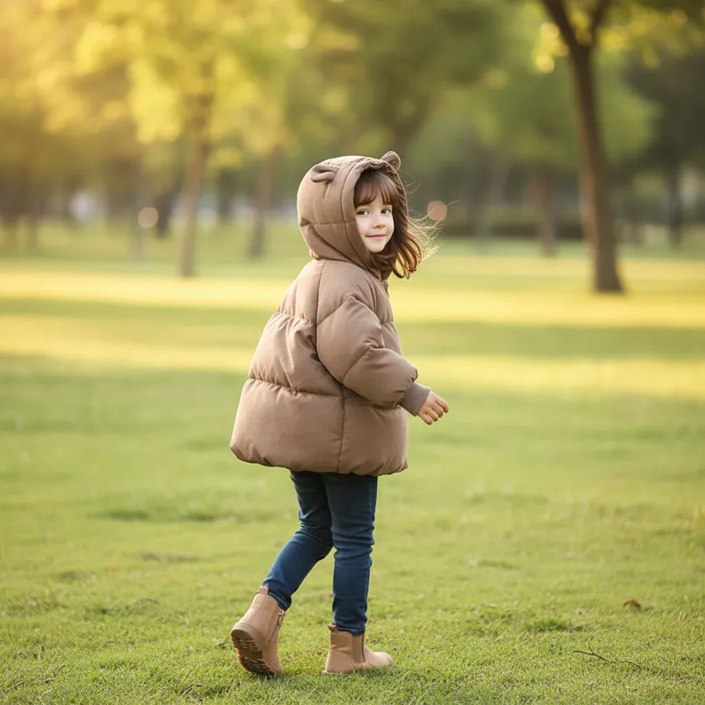 Toddler Bear-Ear Hooded Padded Coat — Dark Brown, worn outdoors
