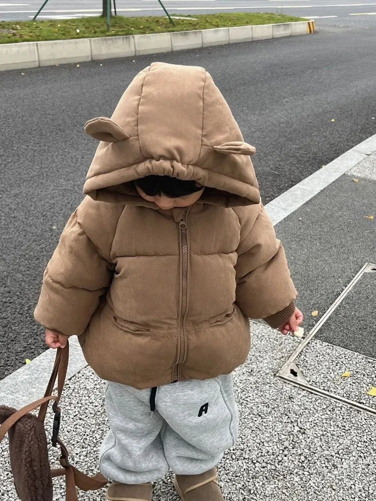 Toddler Bear-Ear Hooded Puffer Jacket — Brown, worn outdoors