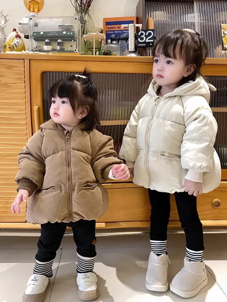 Toddler Bear-Ear Hooded Puffer Jacket — Brown and Off-White, worn pair